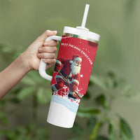 Personalized Canada Christmas Tumbler With Handle Santa Claus Hockey Player - Maple Leaves Pattern - Wonder Print Shop