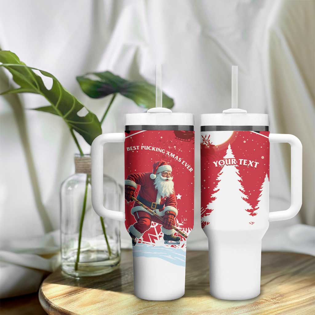 Personalized Canada Christmas Tumbler With Handle Santa Claus Hockey Player - Maple Leaves Pattern - Wonder Print Shop