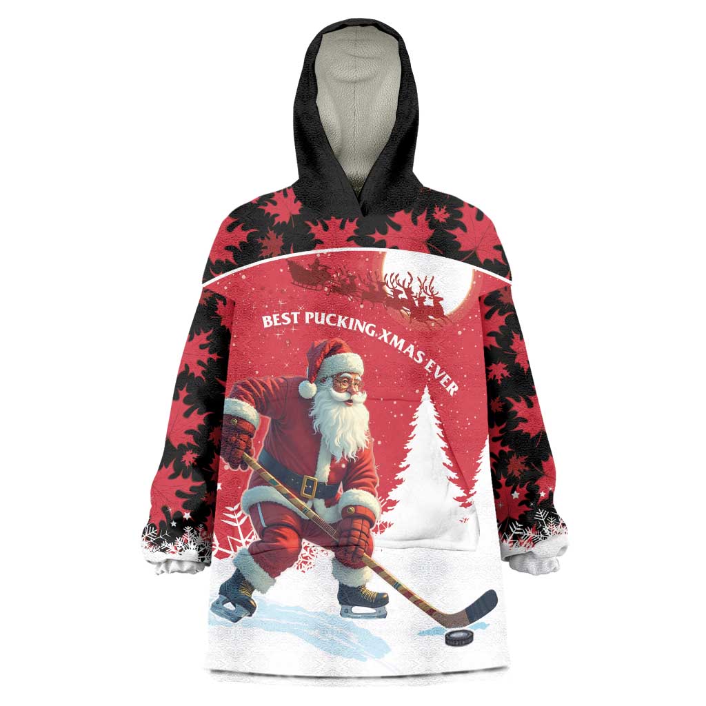 Personalized Canada Christmas Wearable Blanket Hoodie Santa Claus Hockey Player - Maple Leaves Pattern - Wonder Print Shop