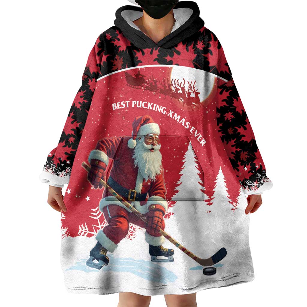 Personalized Canada Christmas Wearable Blanket Hoodie Santa Claus Hockey Player - Maple Leaves Pattern - Wonder Print Shop