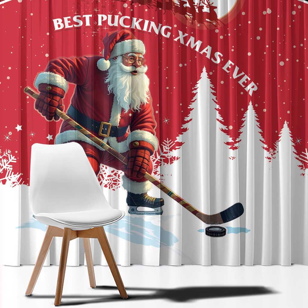 Canada Christmas Window Curtain Santa Claus Hockey Player - Maple Leaves Pattern - Wonder Print Shop