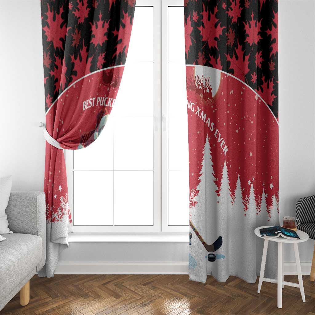 Canada Christmas Window Curtain Santa Claus Hockey Player - Maple Leaves Pattern - Wonder Print Shop