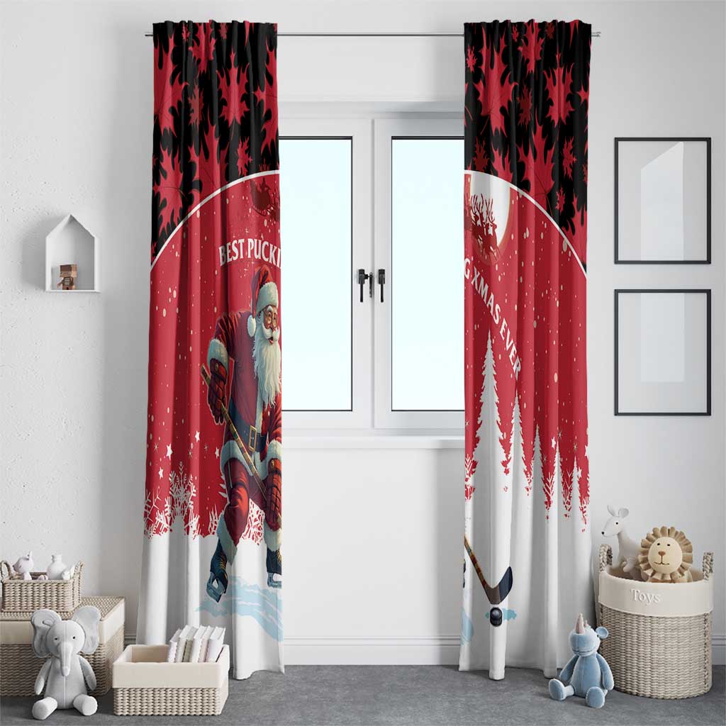 Canada Christmas Window Curtain Santa Claus Hockey Player - Maple Leaves Pattern - Wonder Print Shop