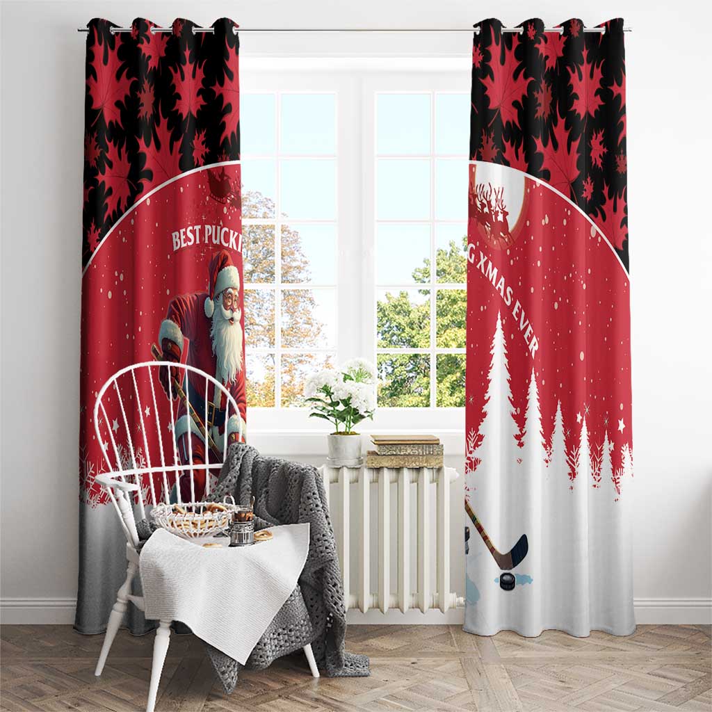 Canada Christmas Window Curtain Santa Claus Hockey Player - Maple Leaves Pattern - Wonder Print Shop
