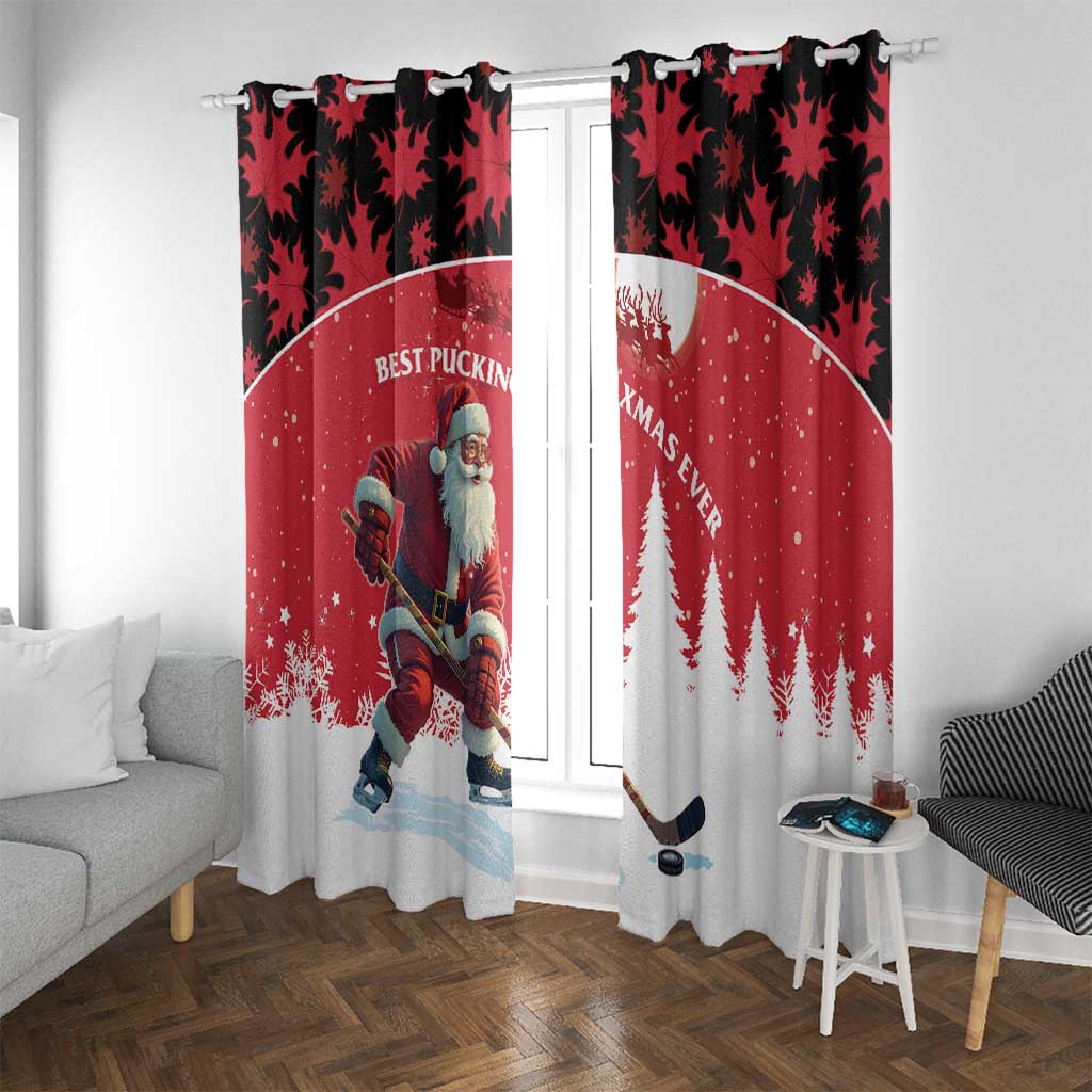 Canada Christmas Window Curtain Santa Claus Hockey Player - Maple Leaves Pattern - Wonder Print Shop