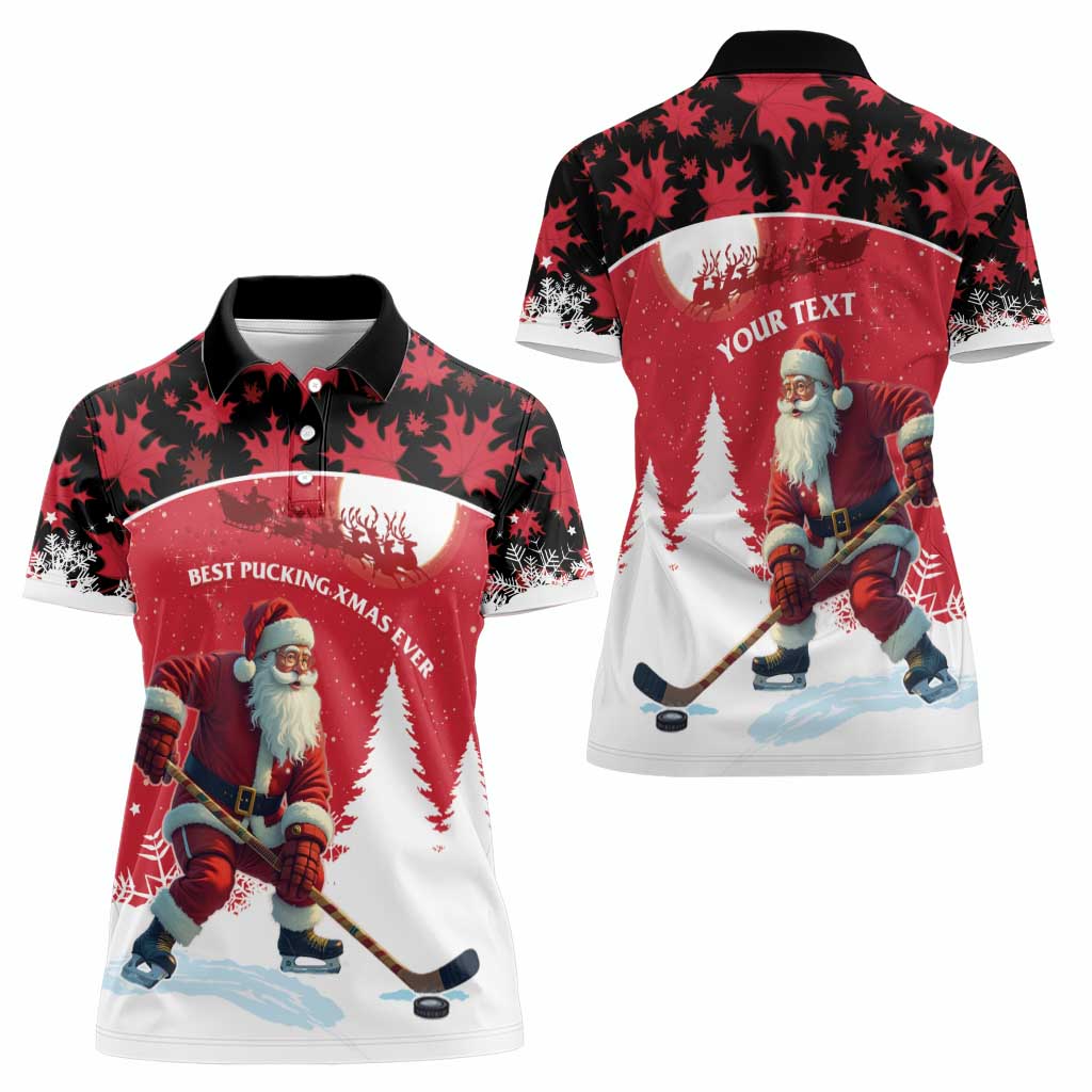 Personalized Canada Christmas Women Polo Shirt Santa Claus Hockey Player - Maple Leaves Pattern - Wonder Print Shop