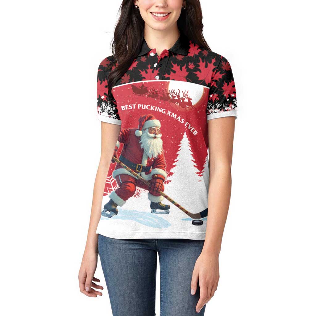 Personalized Canada Christmas Women Polo Shirt Santa Claus Hockey Player - Maple Leaves Pattern - Wonder Print Shop