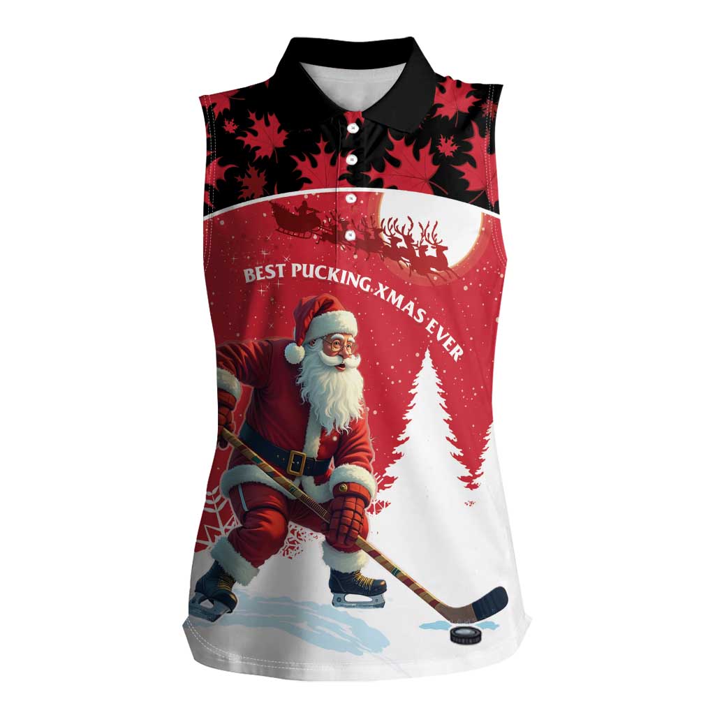 Personalized Canada Christmas Women Sleeveless Polo Shirt Santa Claus Hockey Player - Maple Leaves Pattern - Wonder Print Shop