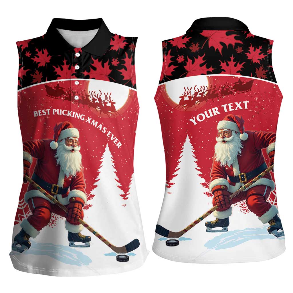 Personalized Canada Christmas Women Sleeveless Polo Shirt Santa Claus Hockey Player - Maple Leaves Pattern - Wonder Print Shop