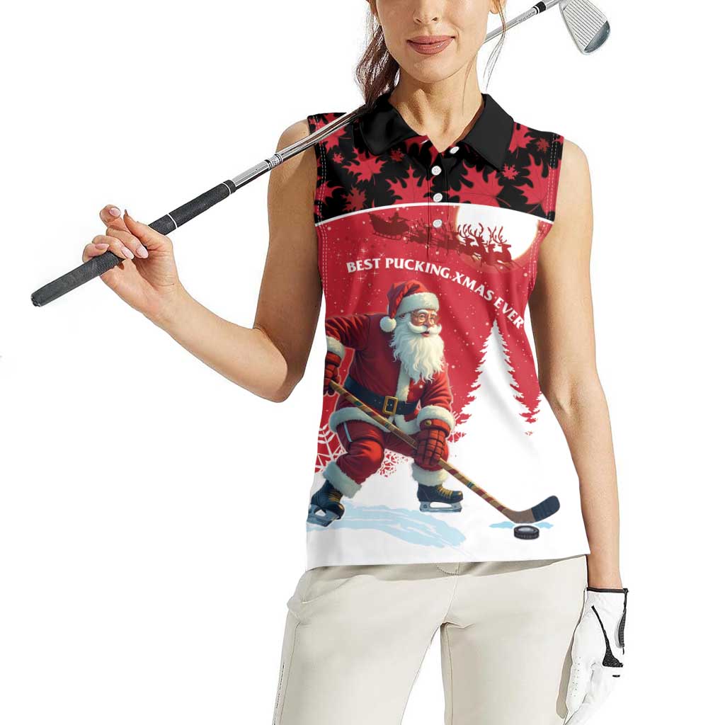 Personalized Canada Christmas Women Sleeveless Polo Shirt Santa Claus Hockey Player - Maple Leaves Pattern - Wonder Print Shop