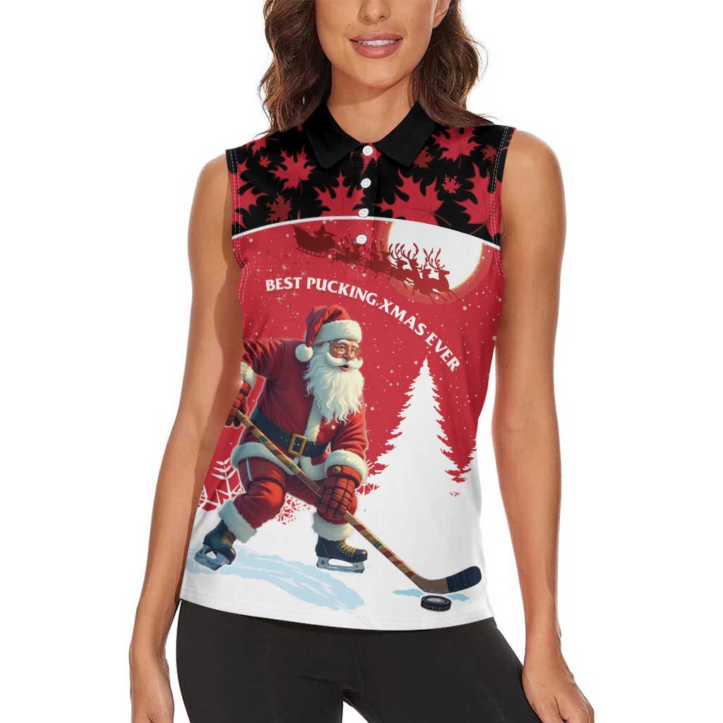 Personalized Canada Christmas Women Sleeveless Polo Shirt Santa Claus Hockey Player - Maple Leaves Pattern - Wonder Print Shop
