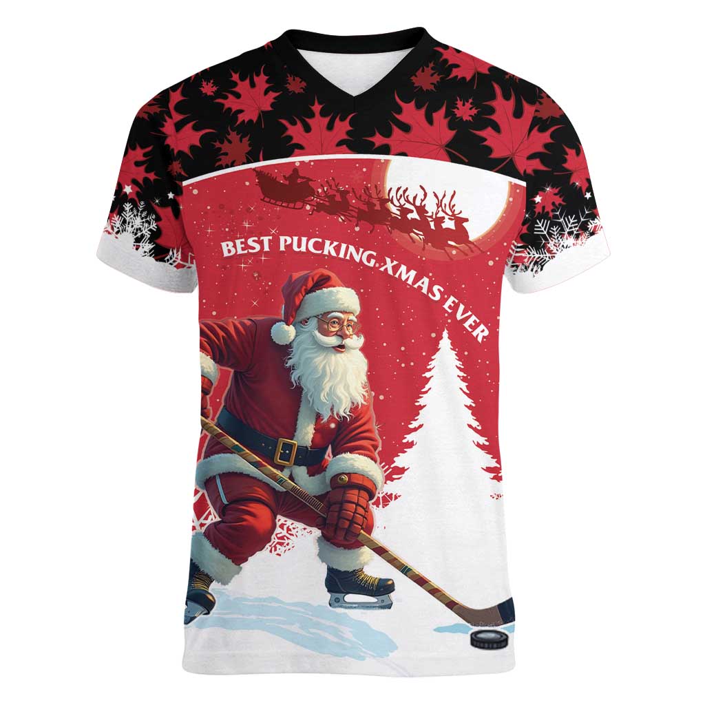 Personalized Canada Christmas Women V-Neck T-Shirt Santa Claus Hockey Player - Maple Leaves Pattern - Wonder Print Shop