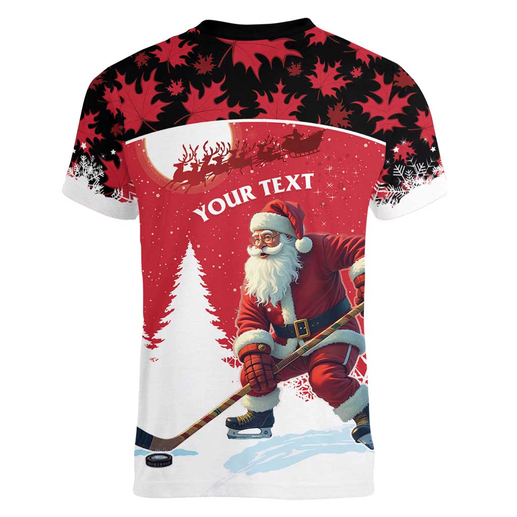 Personalized Canada Christmas Women V-Neck T-Shirt Santa Claus Hockey Player - Maple Leaves Pattern - Wonder Print Shop