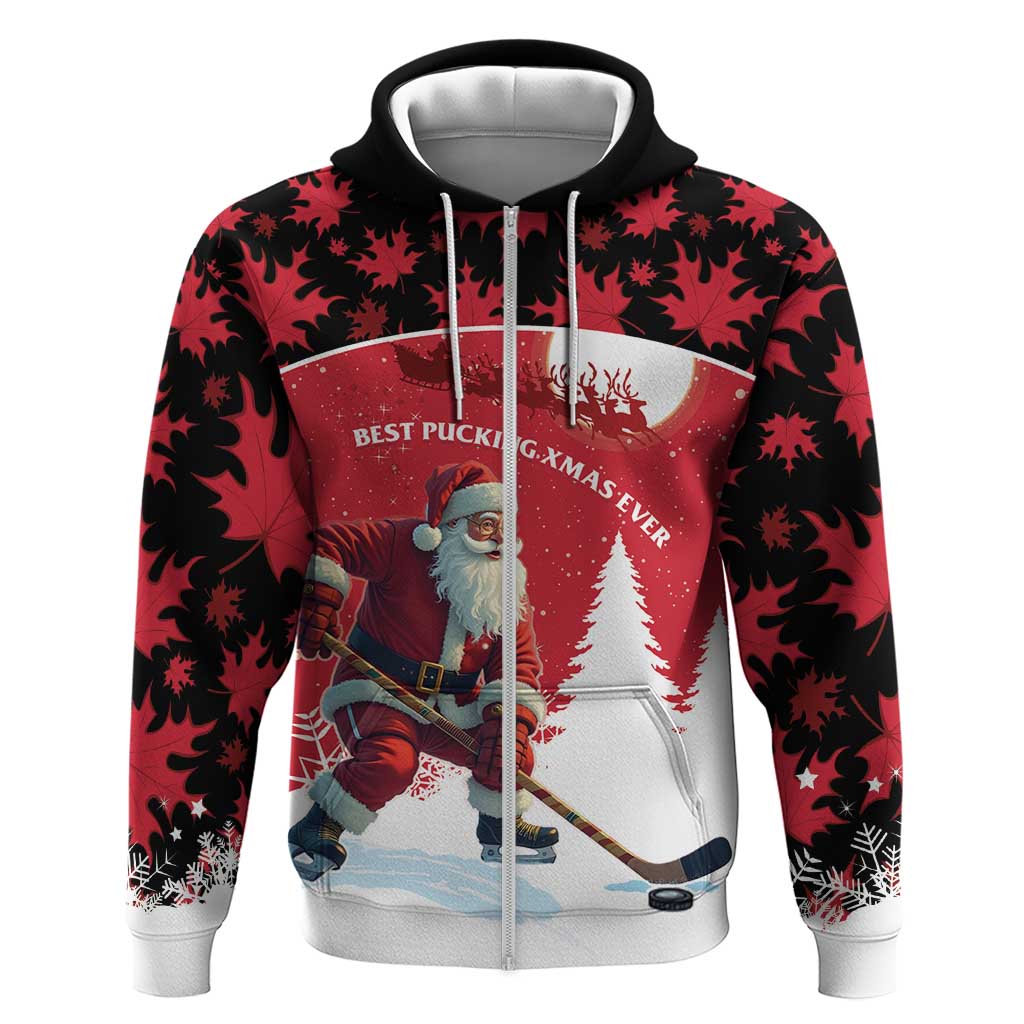 Personalized Canada Christmas Zip Hoodie Santa Claus Hockey Player - Maple Leaves Pattern - Wonder Print Shop