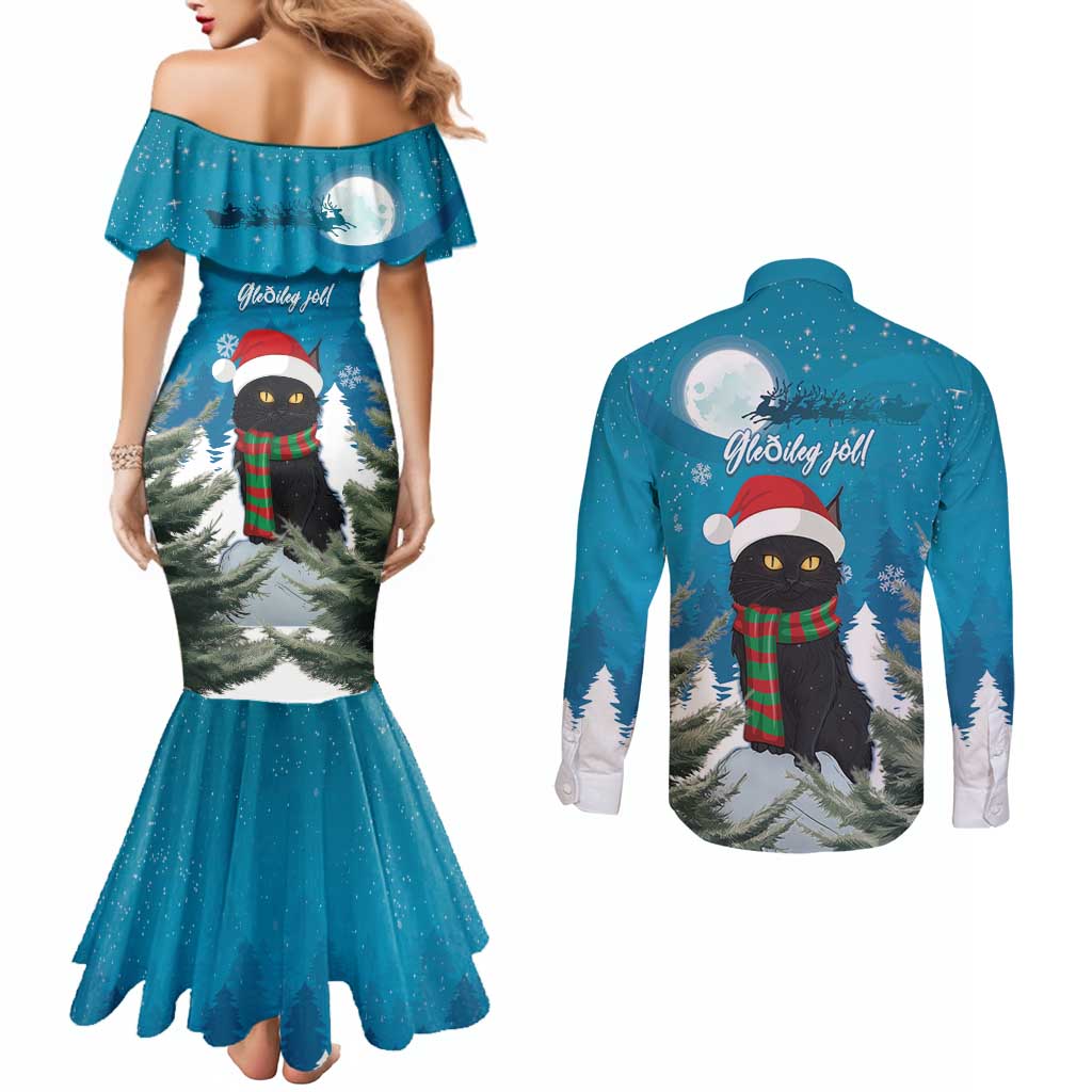 Iceland Christmas Couples Matching Mermaid Dress and Long Sleeve Button Shirt Merry Yule Cat