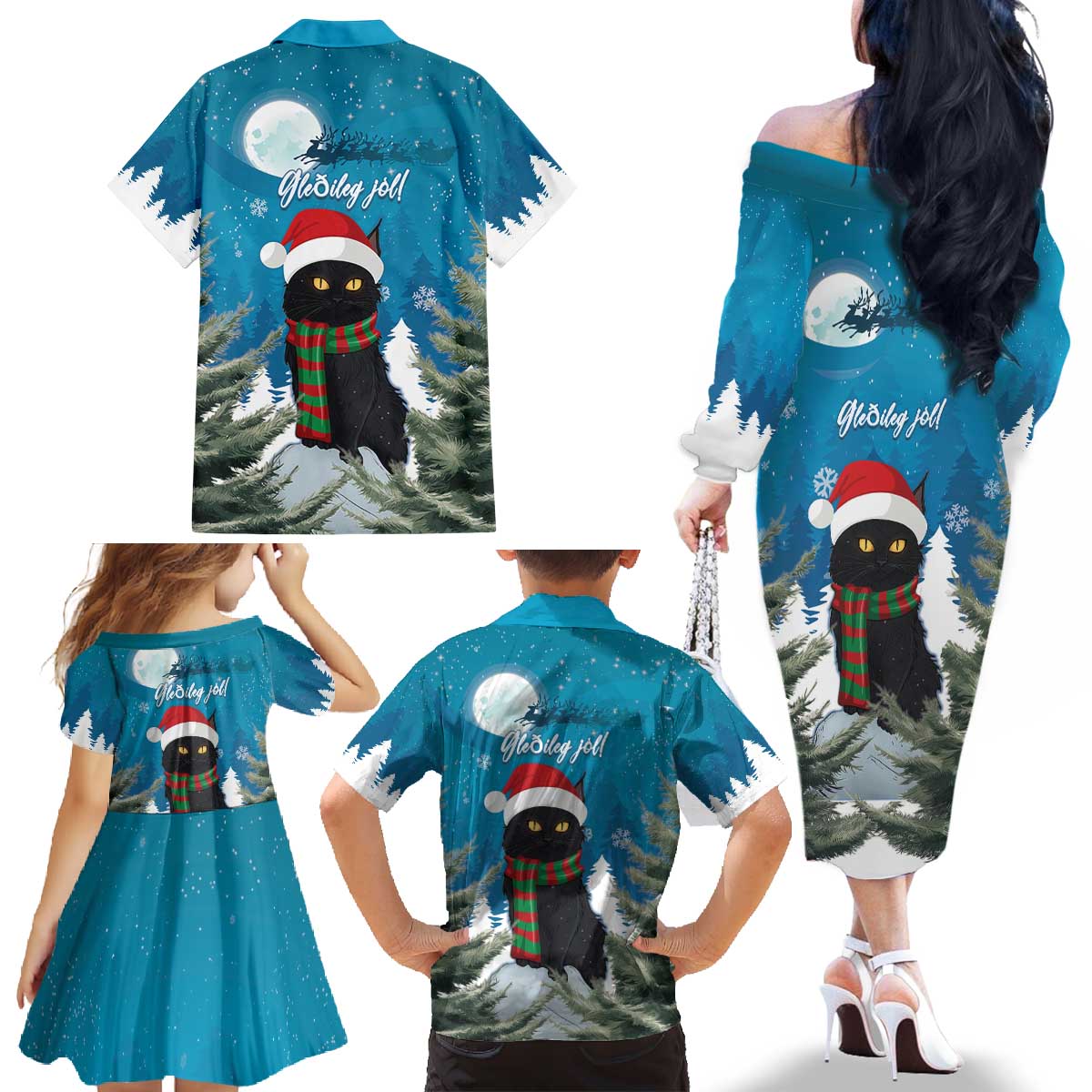 Iceland Christmas Family Matching Off The Shoulder Long Sleeve Dress and Hawaiian Shirt Merry Yule Cat - Wonder Print Shop