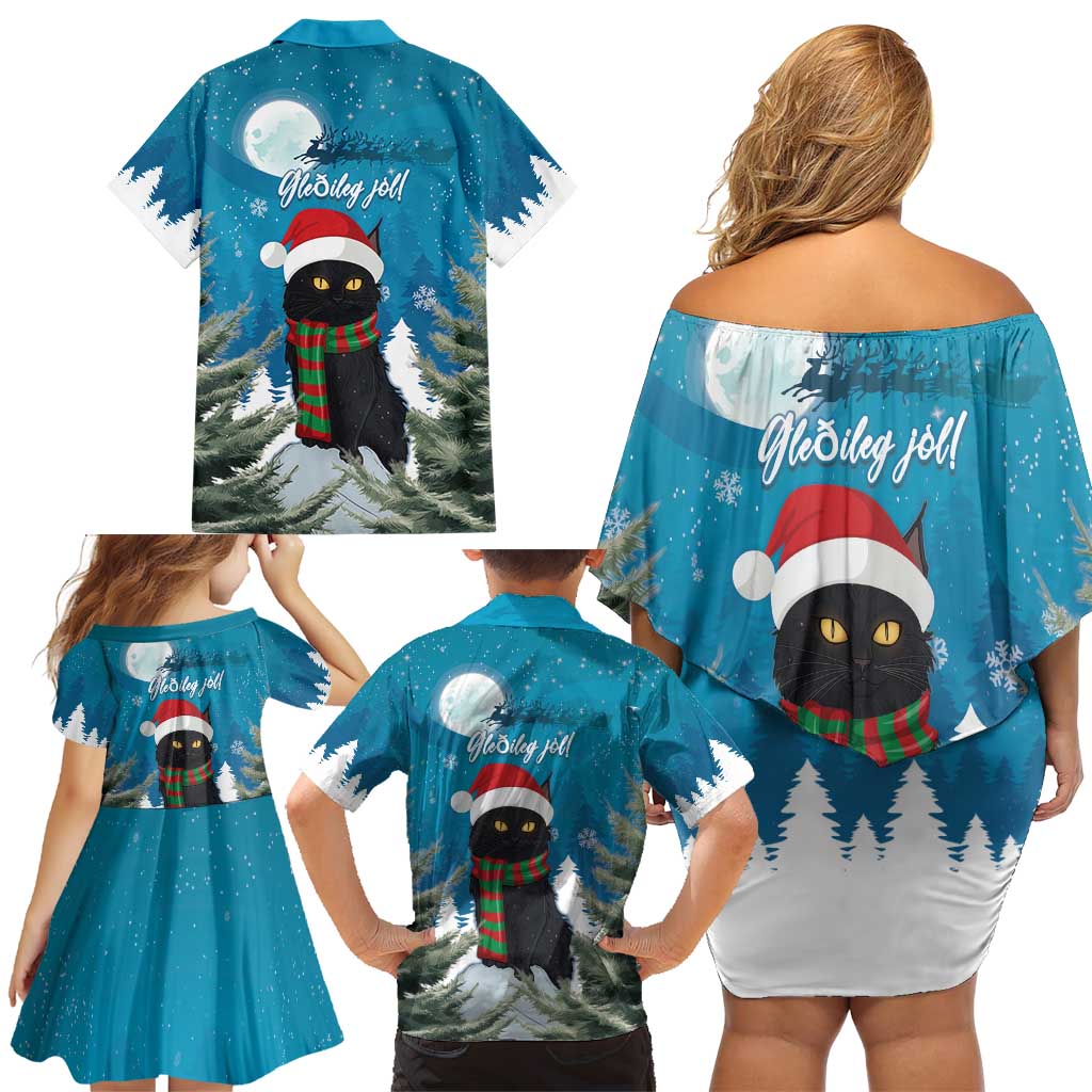 Iceland Christmas Family Matching Off Shoulder Short Dress and Hawaiian Shirt Merry Yule Cat - Wonder Print Shop