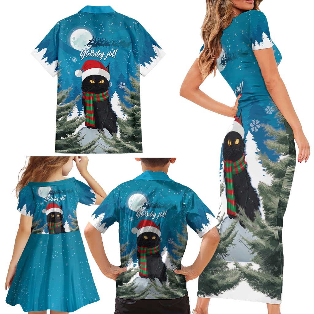 Iceland Christmas Family Matching Short Sleeve Bodycon Dress and Hawaiian Shirt Merry Yule Cat - Wonder Print Shop