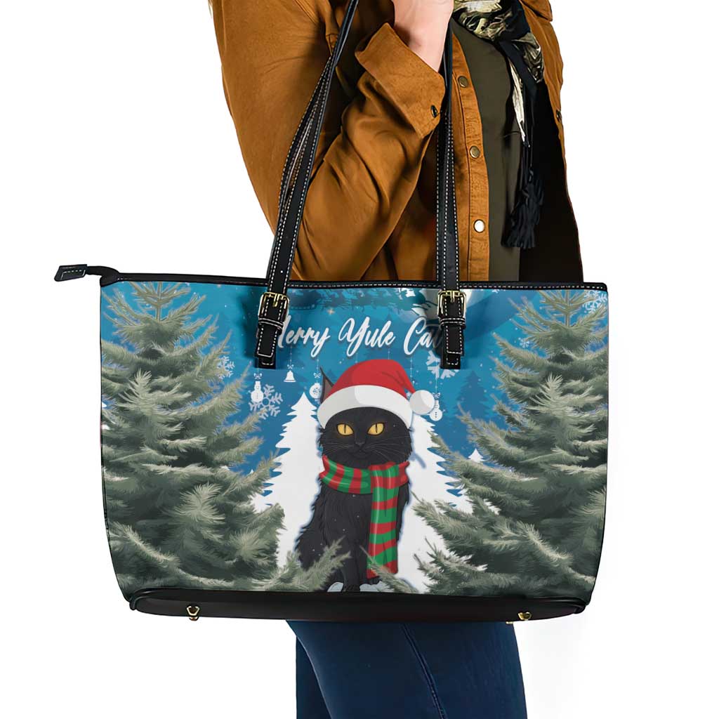 Iceland Christmas Leather Tote Bag Merry Yule Cat - Wonder Print Shop