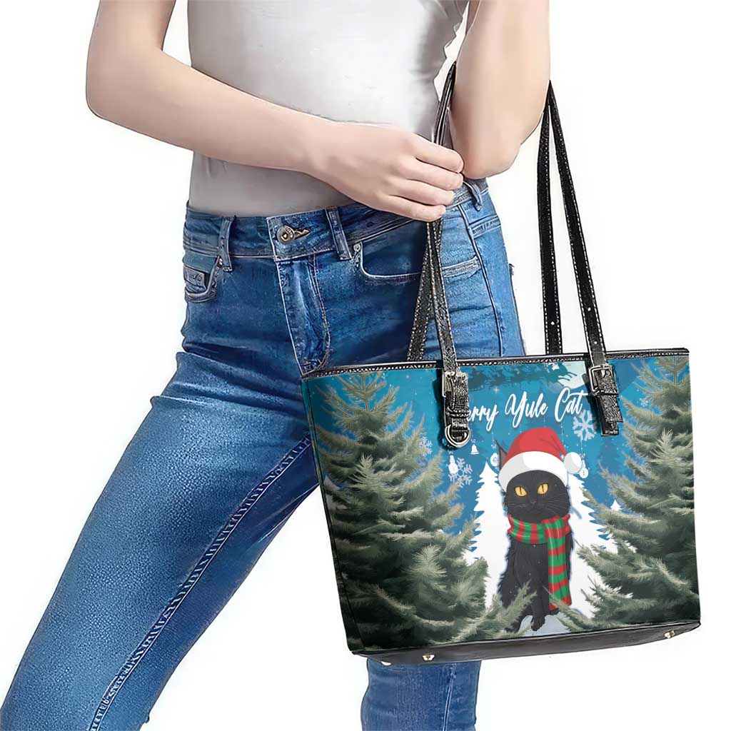 Iceland Christmas Leather Tote Bag Merry Yule Cat - Wonder Print Shop