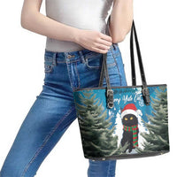 Iceland Christmas Leather Tote Bag Merry Yule Cat - Wonder Print Shop
