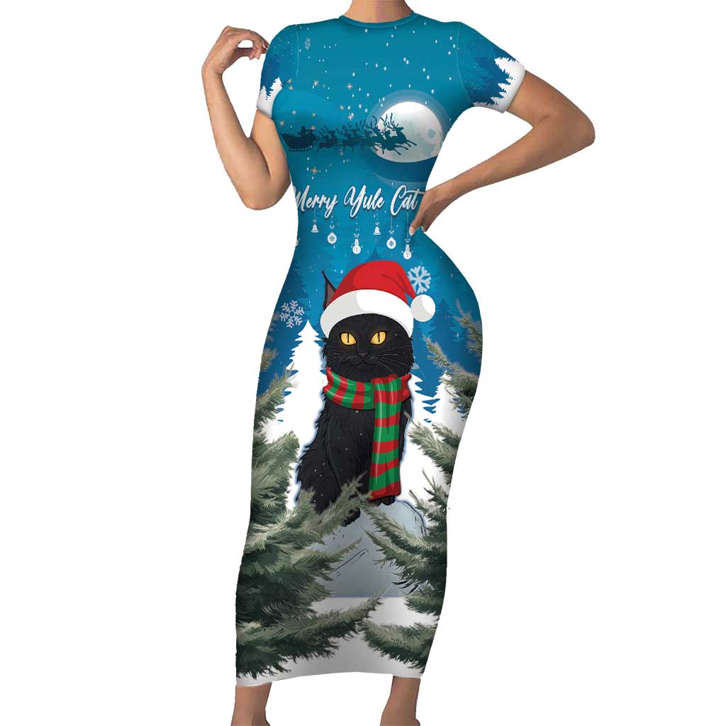 Iceland Christmas Short Sleeve Bodycon Dress Merry Yule Cat - Wonder Print Shop
