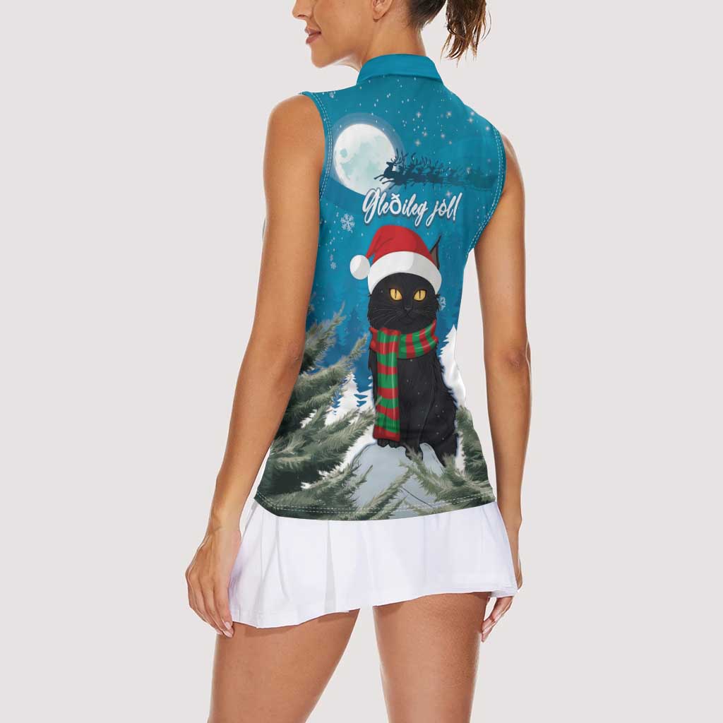 Iceland Christmas Women Sleeveless Polo Shirt Merry Yule Cat - Wonder Print Shop