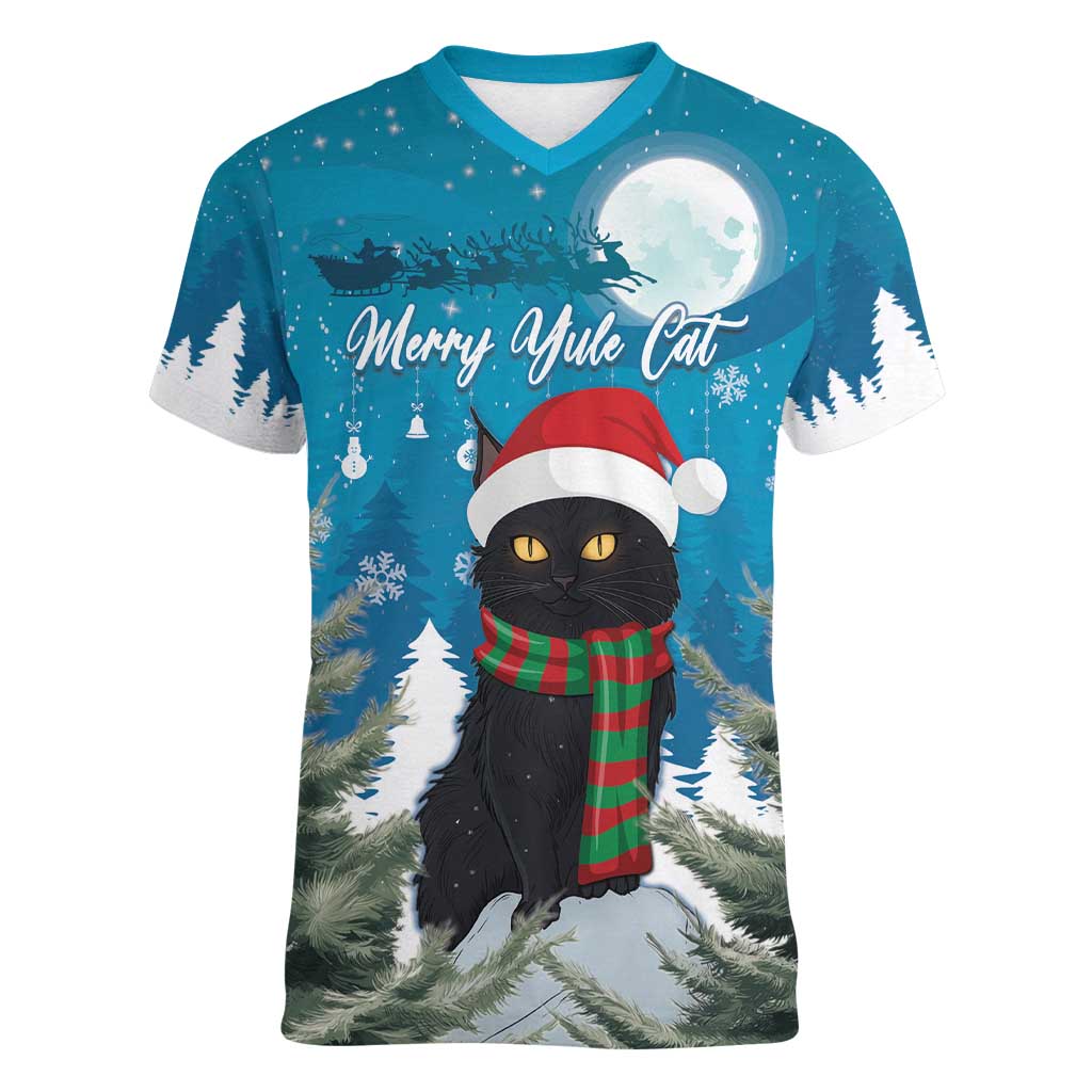 Iceland Christmas Women V-Neck T-Shirt Merry Yule Cat - Wonder Print Shop