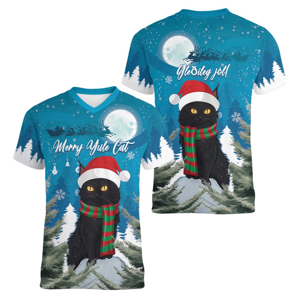 Iceland Christmas Women V-Neck T-Shirt Merry Yule Cat - Wonder Print Shop