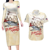 Tuskegee Red Tails Airmen Couples Matching Long Sleeve Bodycon Dress and Hawaiian Shirt History Aviator Heroes Retro Style - Wonder Print Shop