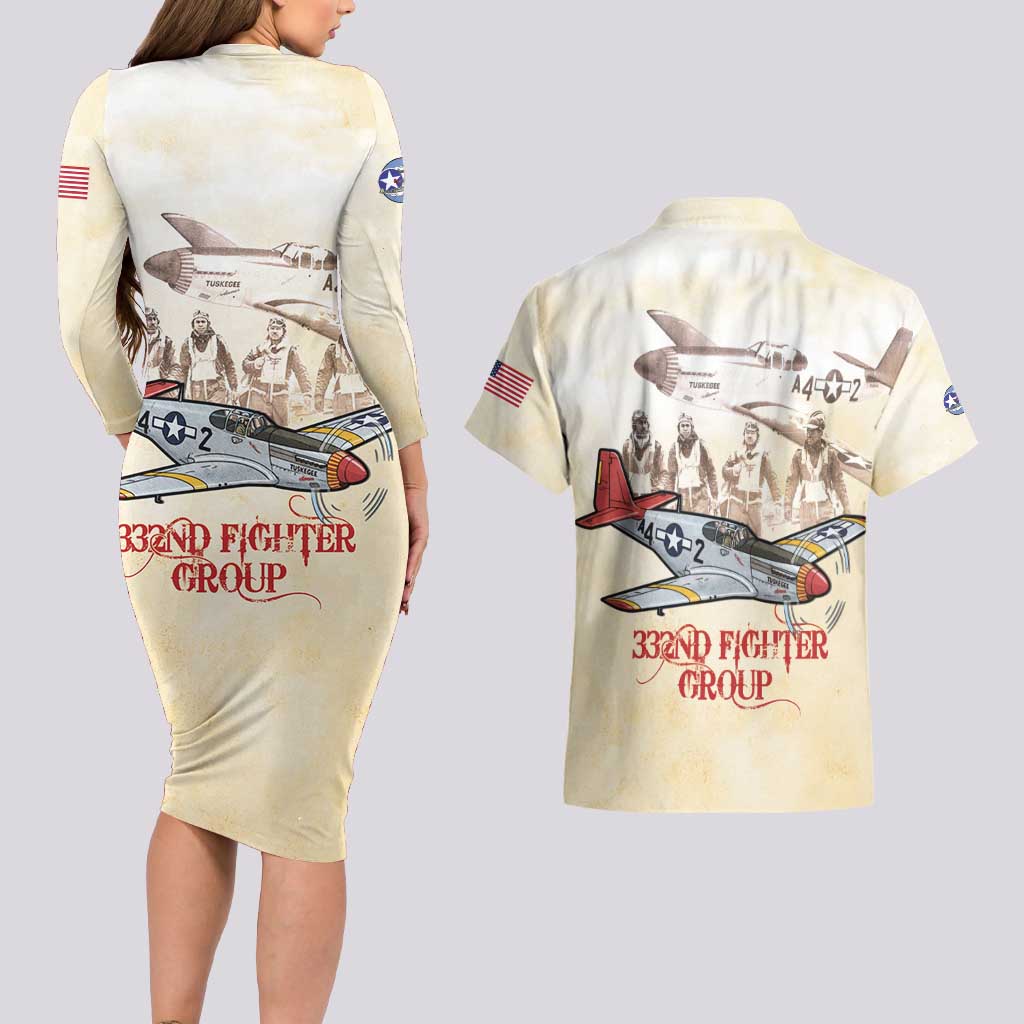Tuskegee Red Tails Airmen Couples Matching Long Sleeve Bodycon Dress and Hawaiian Shirt History Aviator Heroes Retro Style - Wonder Print Shop