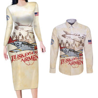 Tuskegee Red Tails Airmen Couples Matching Long Sleeve Bodycon Dress and Long Sleeve Button Shirt History Aviator Heroes Retro Style - Wonder Print Shop