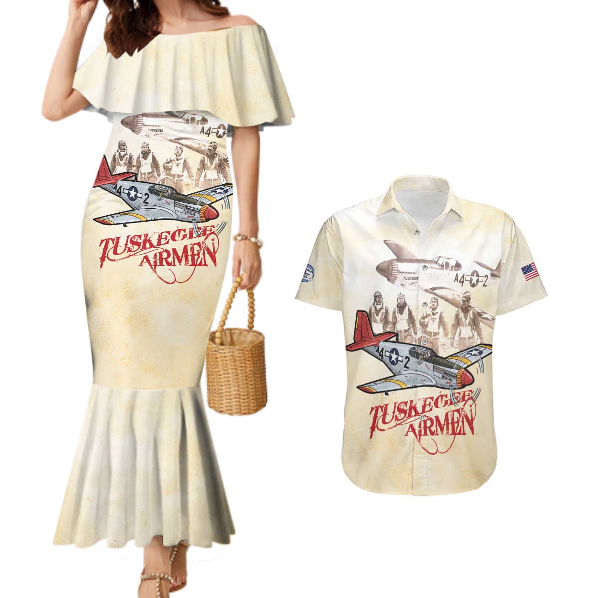 Tuskegee Red Tails Airmen Couples Matching Mermaid Dress and Hawaiian Shirt History Aviator Heroes Retro Style - Wonder Print Shop