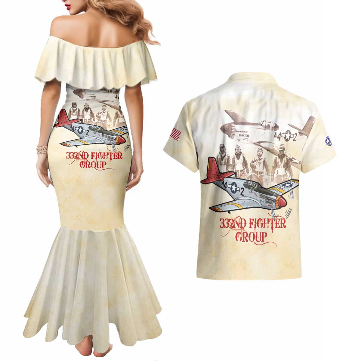 Tuskegee Red Tails Airmen Couples Matching Mermaid Dress and Hawaiian Shirt History Aviator Heroes Retro Style - Wonder Print Shop