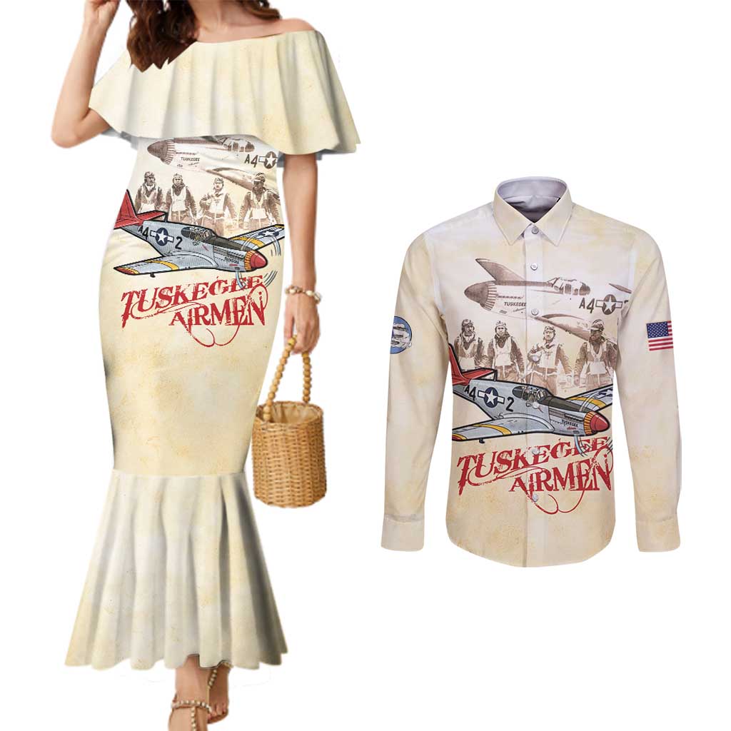 Tuskegee Red Tails Airmen Couples Matching Mermaid Dress and Long Sleeve Button Shirt History Aviator Heroes Retro Style - Wonder Print Shop