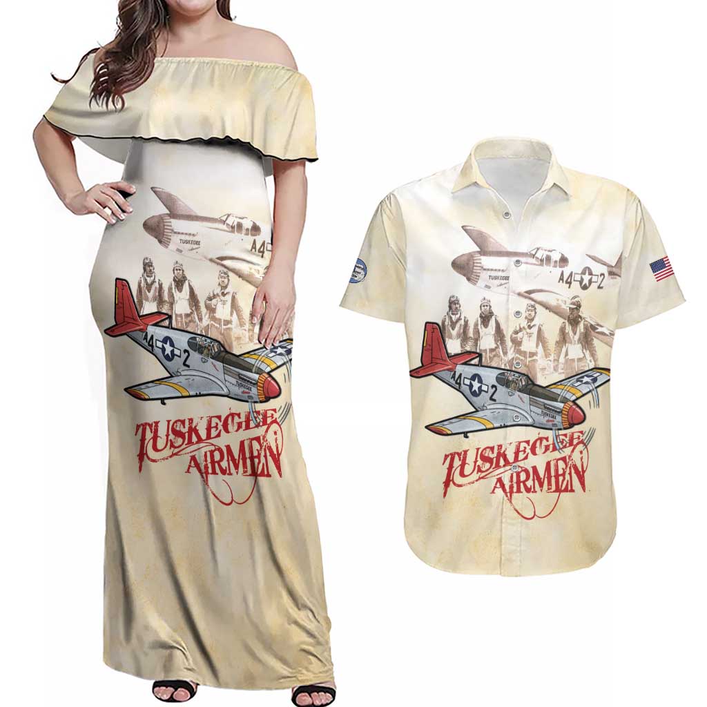 Tuskegee Red Tails Airmen Couples Matching Off Shoulder Maxi Dress and Hawaiian Shirt History Aviator Heroes Retro Style - Wonder Print Shop
