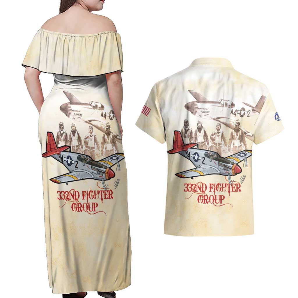 Tuskegee Red Tails Airmen Couples Matching Off Shoulder Maxi Dress and Hawaiian Shirt History Aviator Heroes Retro Style - Wonder Print Shop