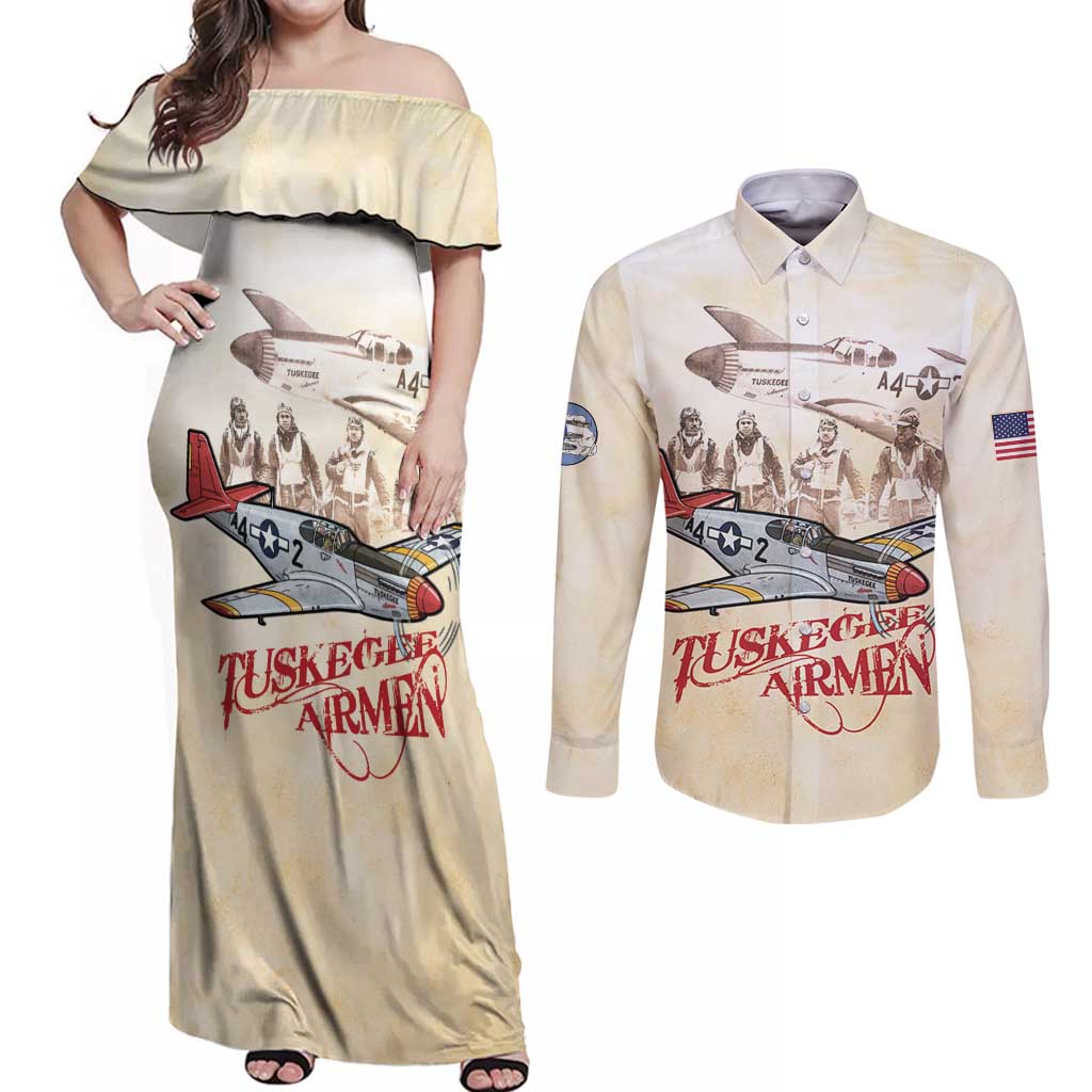 Tuskegee Red Tails Airmen Couples Matching Off Shoulder Maxi Dress and Long Sleeve Button Shirt History Aviator Heroes Retro Style - Wonder Print Shop