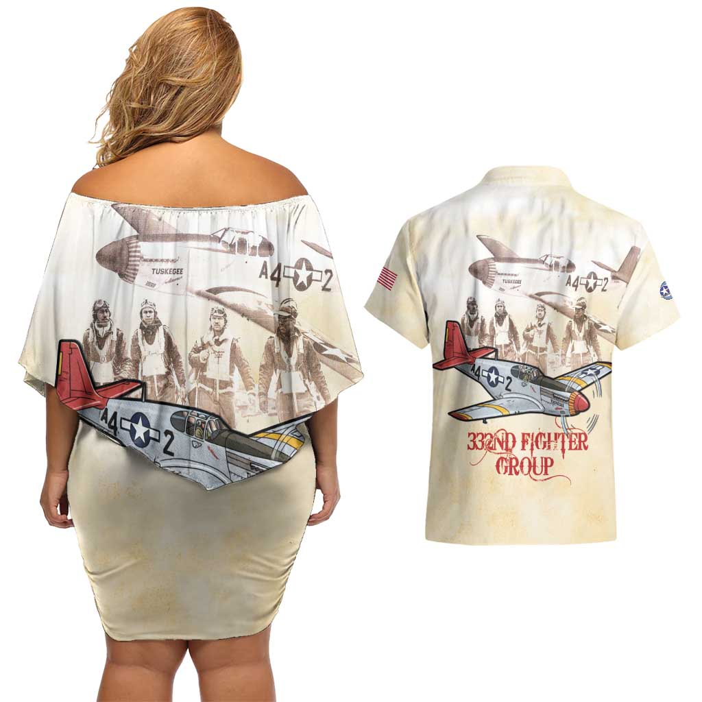 Tuskegee Red Tails Airmen Couples Matching Off Shoulder Short Dress and Hawaiian Shirt History Aviator Heroes Retro Style - Wonder Print Shop