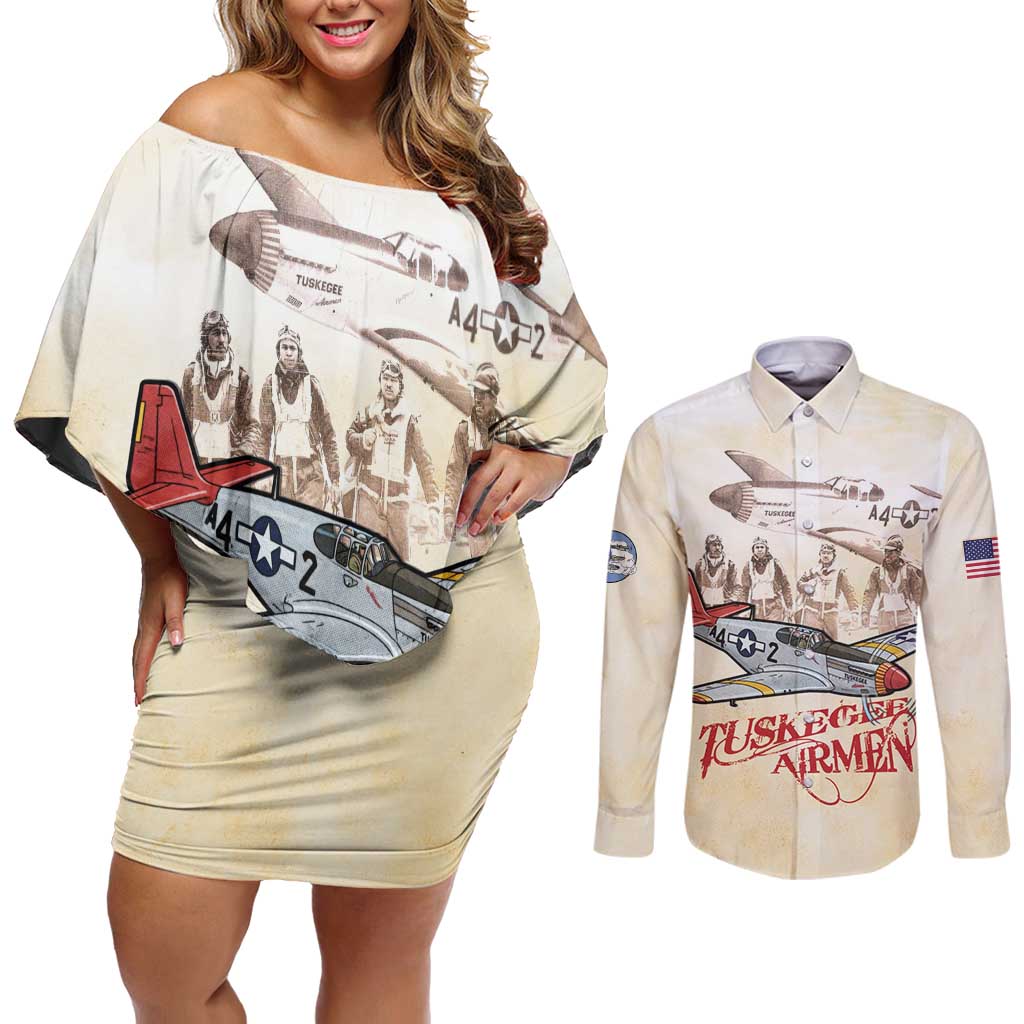 Tuskegee Red Tails Airmen Couples Matching Off Shoulder Short Dress and Long Sleeve Button Shirt History Aviator Heroes Retro Style - Wonder Print Shop