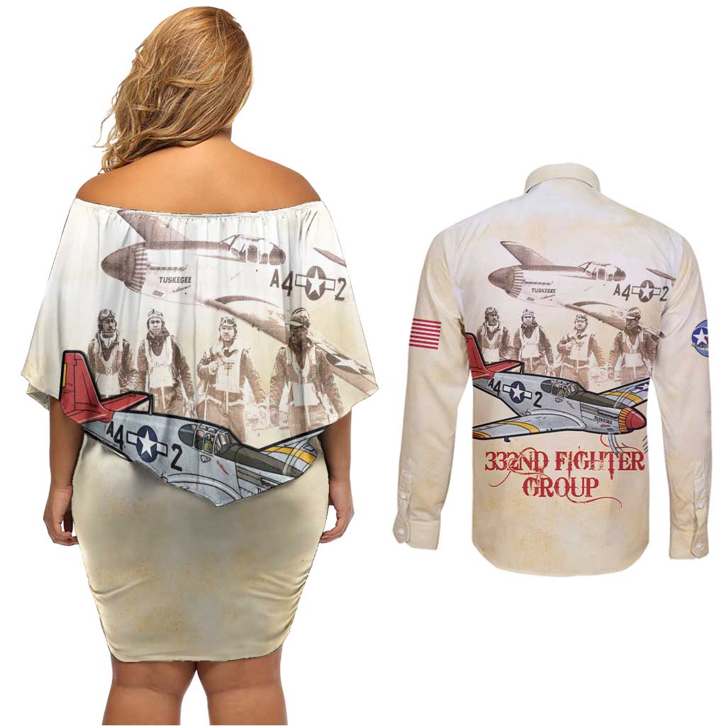 Tuskegee Red Tails Airmen Couples Matching Off Shoulder Short Dress and Long Sleeve Button Shirt History Aviator Heroes Retro Style - Wonder Print Shop