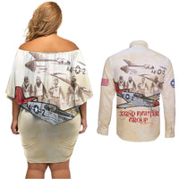 Tuskegee Red Tails Airmen Couples Matching Off Shoulder Short Dress and Long Sleeve Button Shirt History Aviator Heroes Retro Style - Wonder Print Shop