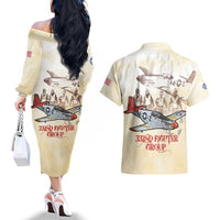 Tuskegee Red Tails Airmen Couples Matching Off The Shoulder Long Sleeve Dress and Hawaiian Shirt History Aviator Heroes Retro Style - Wonder Print Shop