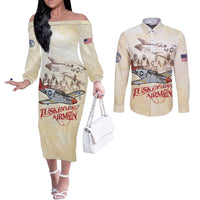 Tuskegee Red Tails Airmen Couples Matching Off The Shoulder Long Sleeve Dress and Long Sleeve Button Shirt History Aviator Heroes Retro Style - Wonder Print Shop