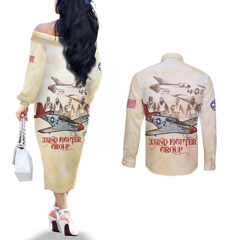 Tuskegee Red Tails Airmen Couples Matching Off The Shoulder Long Sleeve Dress and Long Sleeve Button Shirt History Aviator Heroes Retro Style - Wonder Print Shop