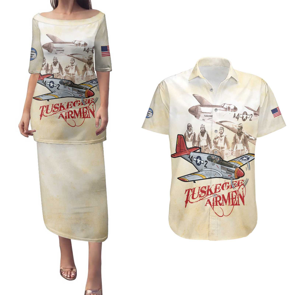 Tuskegee Red Tails Airmen Couples Matching Puletasi and Hawaiian Shirt History Aviator Heroes Retro Style - Wonder Print Shop