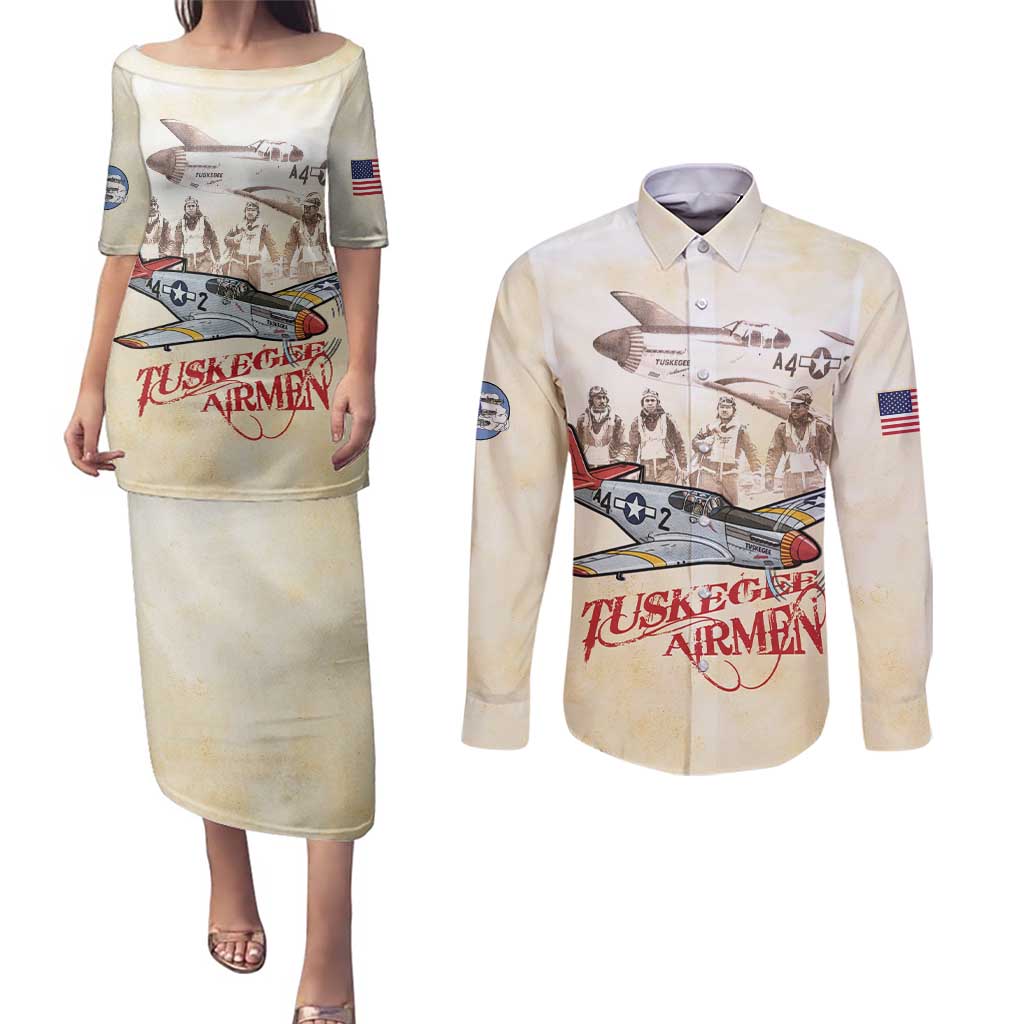 Tuskegee Red Tails Airmen Couples Matching Puletasi and Long Sleeve Button Shirt History Aviator Heroes Retro Style - Wonder Print Shop