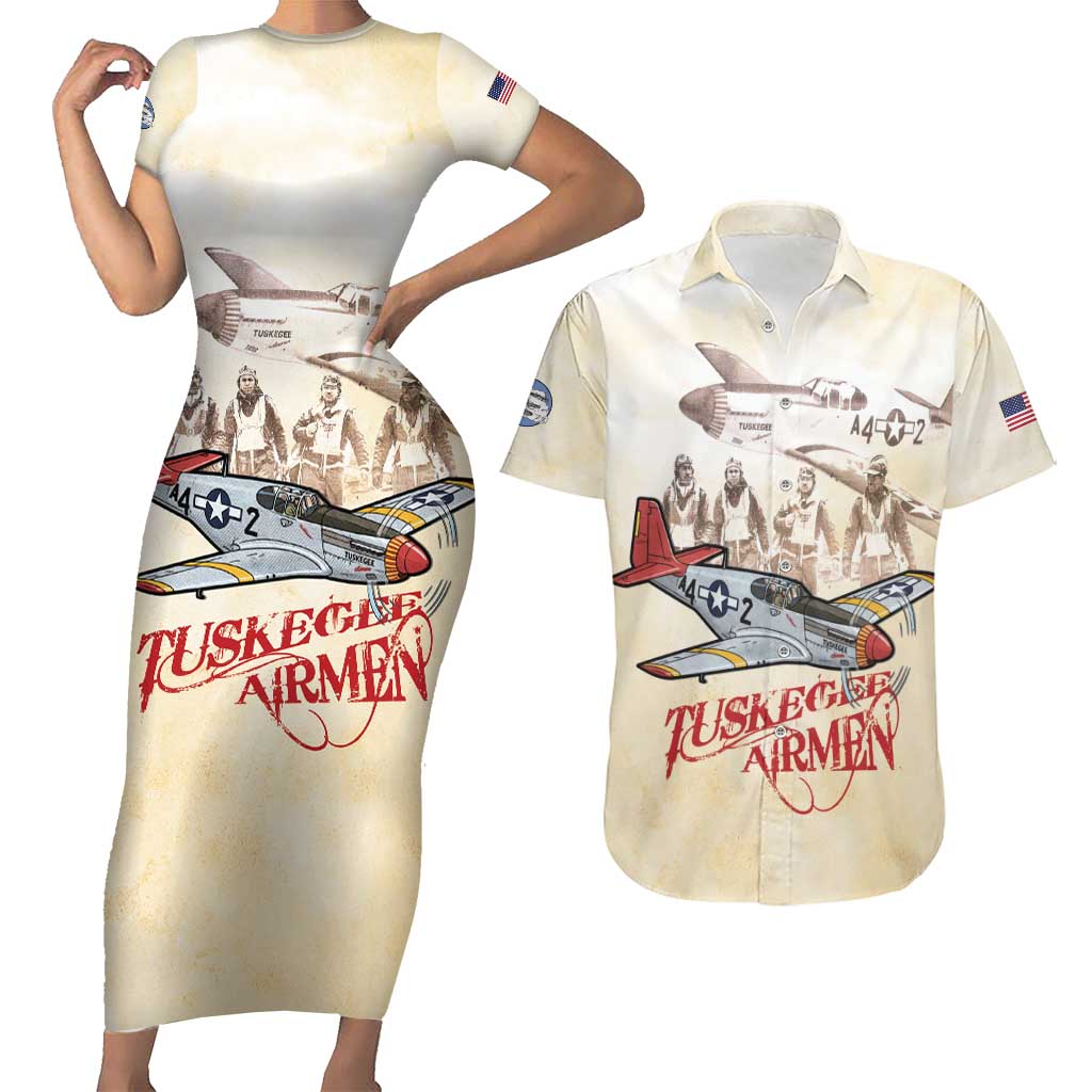 Tuskegee Red Tails Airmen Couples Matching Short Sleeve Bodycon Dress and Hawaiian Shirt History Aviator Heroes Retro Style - Wonder Print Shop
