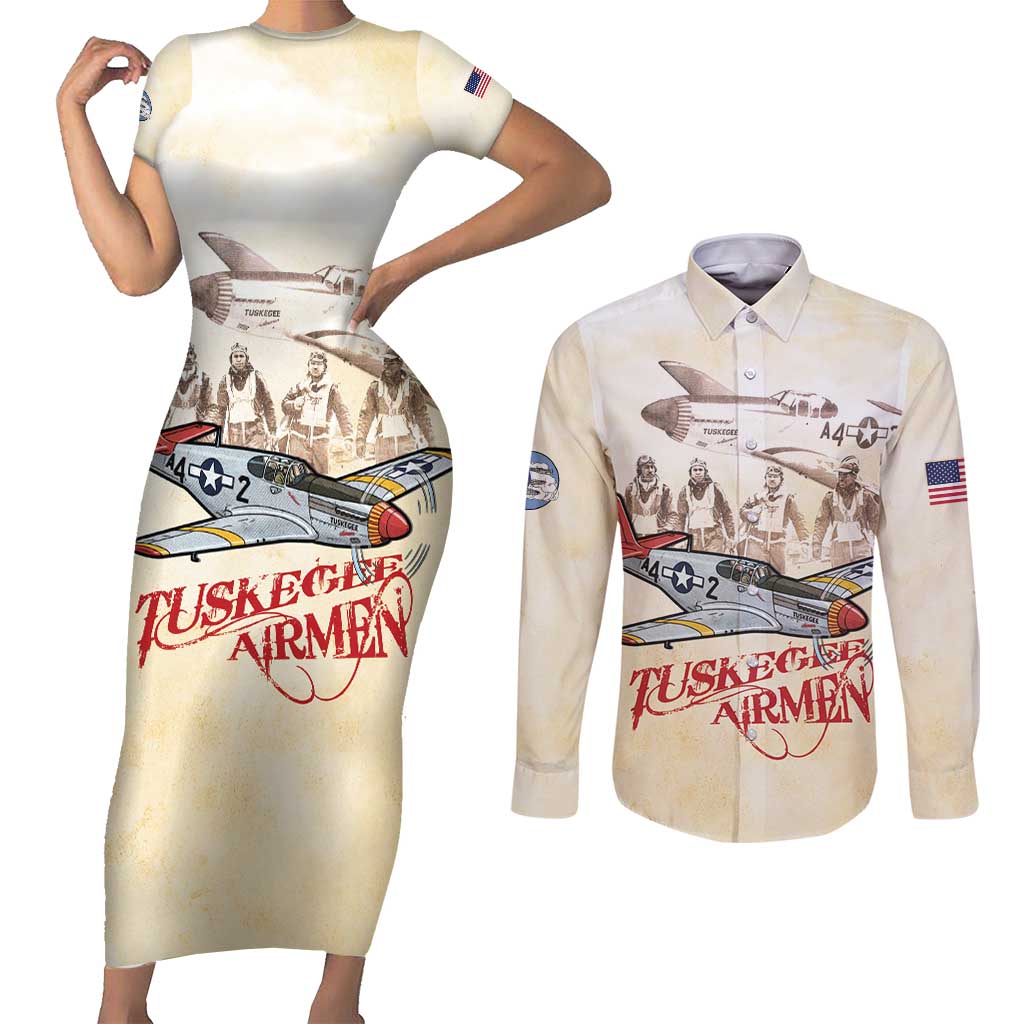 Tuskegee Red Tails Airmen Couples Matching Short Sleeve Bodycon Dress and Long Sleeve Button Shirt History Aviator Heroes Retro Style - Wonder Print Shop