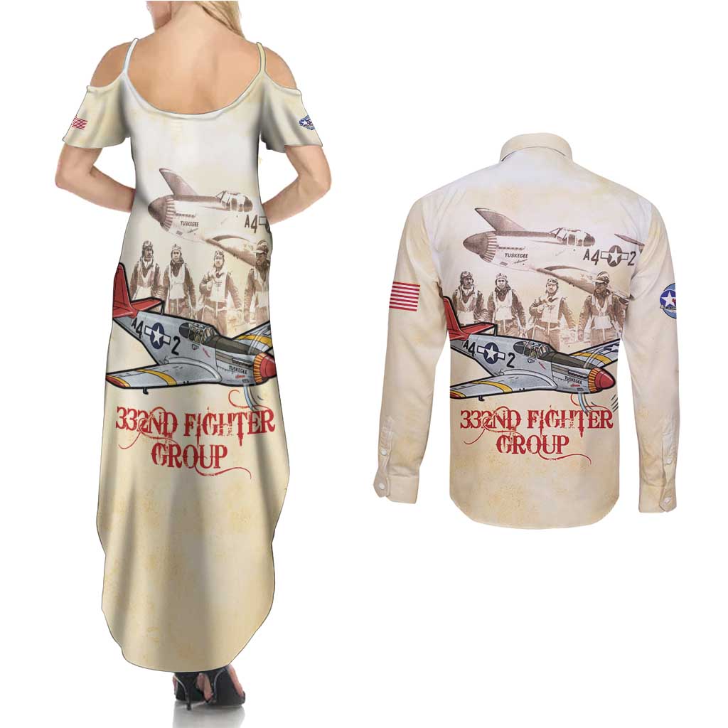Tuskegee Red Tails Airmen Couples Matching Summer Maxi Dress and Long Sleeve Button Shirt History Aviator Heroes Retro Style - Wonder Print Shop